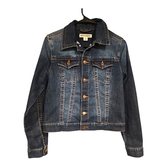 ARTISAN NY Navy Blue Denim Flap Pocket Trucker Cropped Jean Jacket sz S - Picture 1 of 9